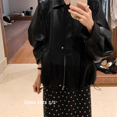 JOINS-新款韩版复古机车风女黑色翻领宽松拉链PU皮夹克皮衣w2125