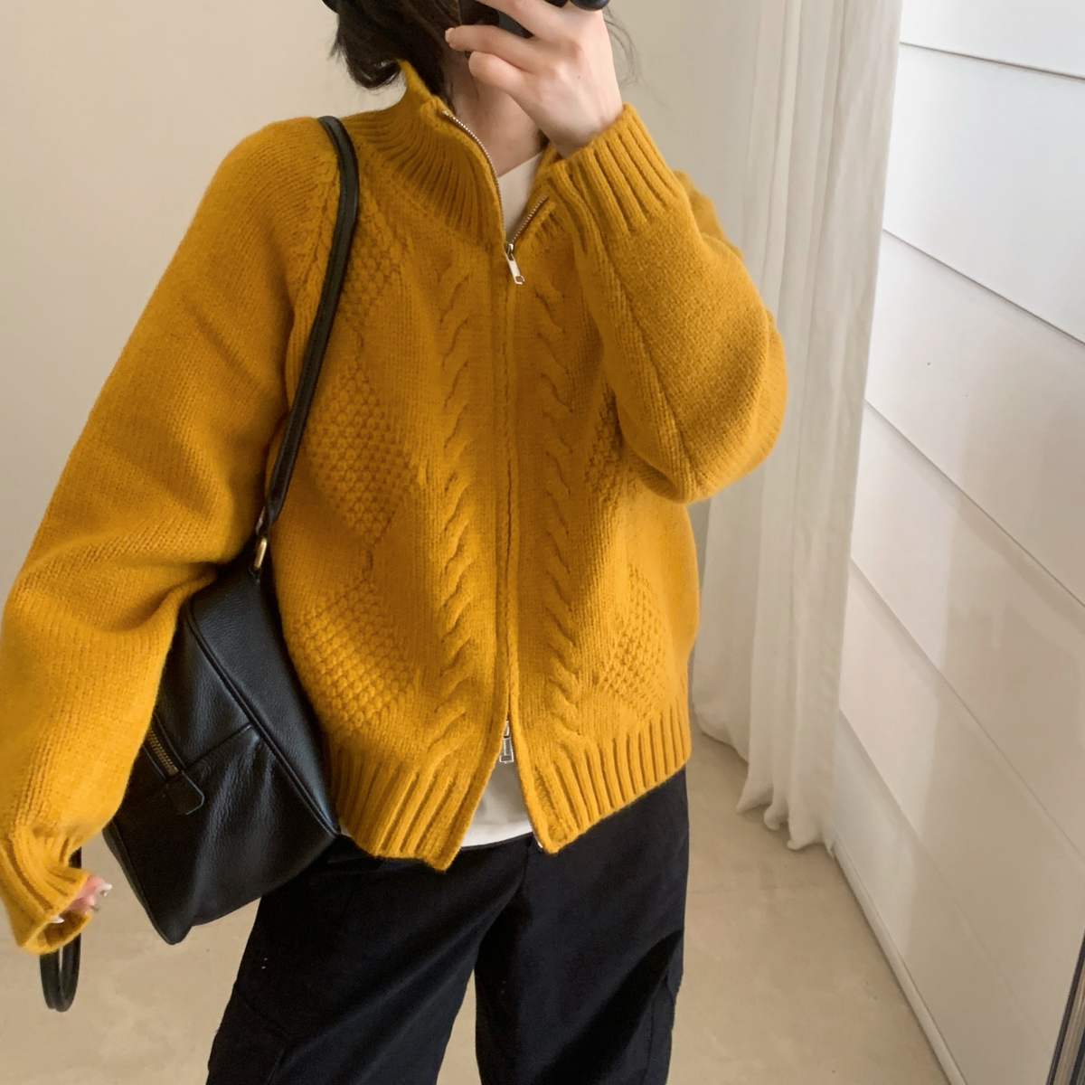 Find Time-麻花开衫高翻领复古扭花外搭双拉链开衫保暖毛衣L61043