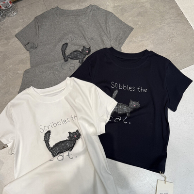 Good afternoon-26年夏上新短肥款猫咪刺绣短袖T恤60209