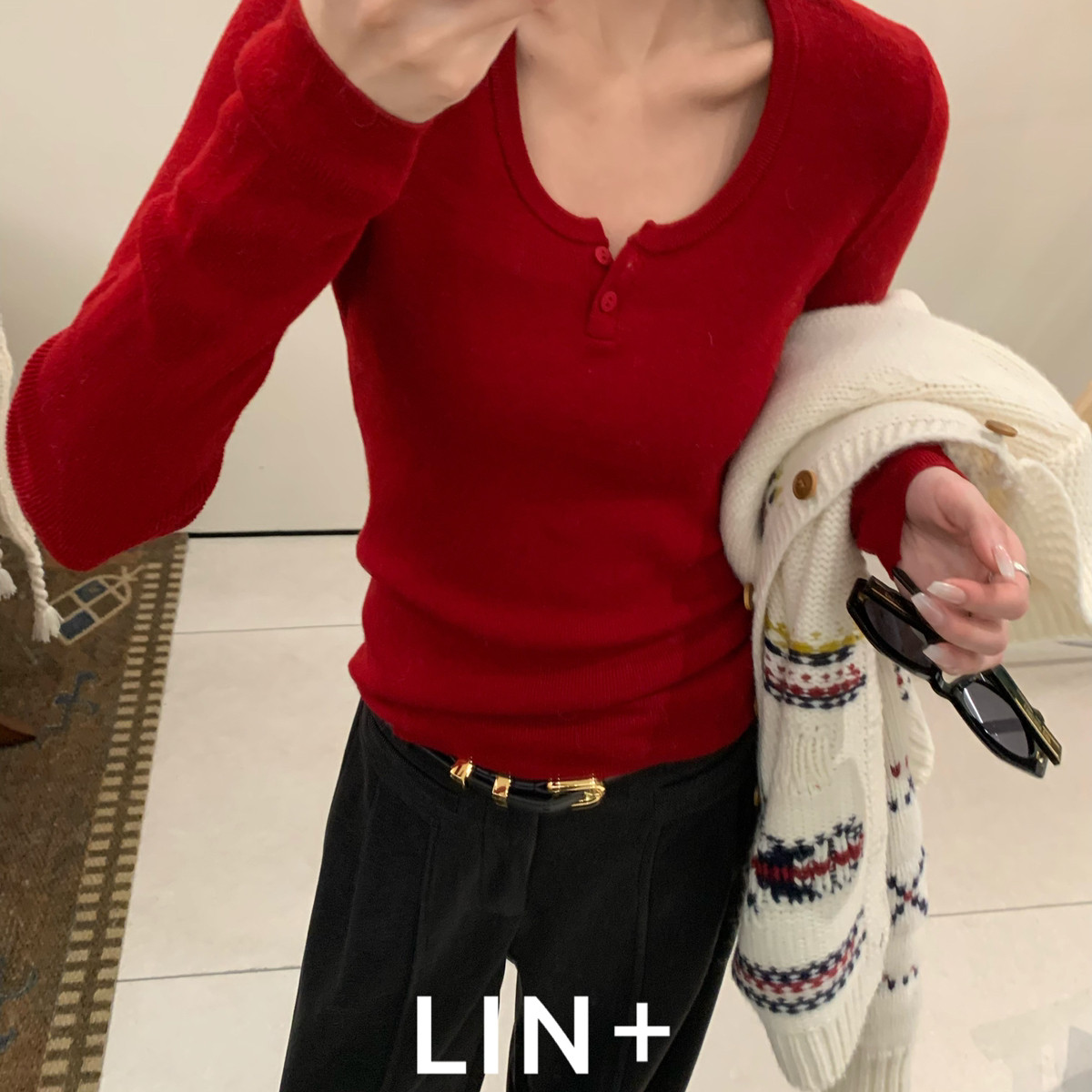 LIN+  -良美丽诺绵羊毛两扣高弹显瘦软糯打底衫（含100绵羊毛）80