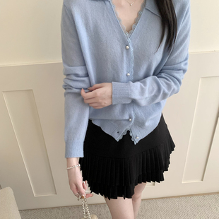 XY60 含3.0羊驼毛 TOMORROW 美清新少女感蕾丝边小翻领针织开衫