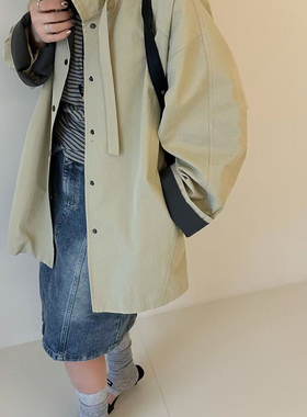 Hand made-韩系休闲撞色随性立领风衣(配可拆领带)9.NIAN-N68107