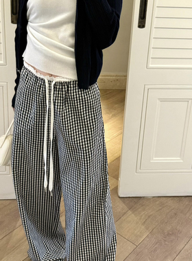 KAPOK-设计感抽绳拼接腰撞色黑白格直筒休闲裤26310