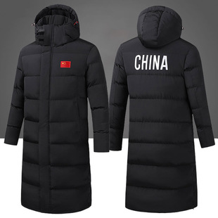 中国队冬训加绒过膝运动员棉大衣男长款冬季体院训练羽绒棉服