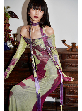 坏品味西部 新中式印花网纱两穿修身春季长款连衣裙