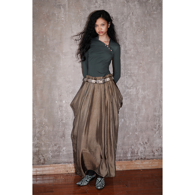 复古重磅纯色假两件长款连衣裙