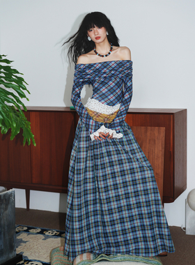 坏品味西部 复古小众露肩设计格纹撞色长款连衣裙秋冬