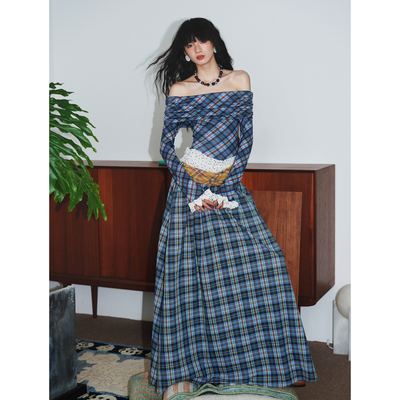 坏品味西部 复古小众露肩设计格纹撞色长款连衣裙秋冬