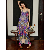 夏季 坏品味西部 度假风轻薄格纹复古印花长款 吊带连衣裙现货