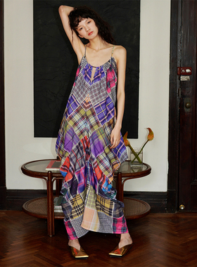 坏品味西部 度假风轻薄格纹复古印花长款夏季吊带连衣裙现货