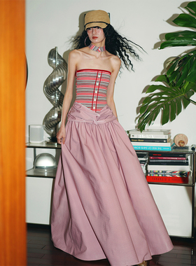 坏品味西部 重磅条纹挂脖拼接撞色假两件抹胸长连衣裙