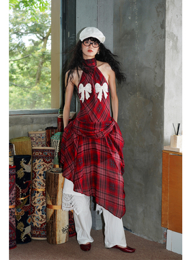 坏品味西部 复古格纹蝴蝶结挂脖系带露背短连衣裙