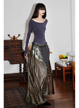 坏品味西部 重磅复古小众拼皮长款假两件设计连衣裙送腰带