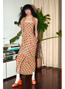 【金靖同款】现货 坏品味西部格纹立裁修身捏褶不对称花苞连衣裙
