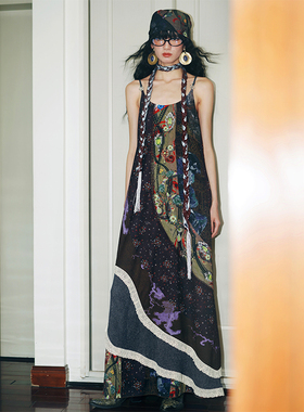 坏品味西部 复古波嬉风印花拼接蕾丝宽松度假连衣裙夏