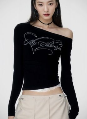 拼接蕾丝斜肩字母烫钻长袖T恤女春秋季修身莫代尔辣妹显瘦上衣ins