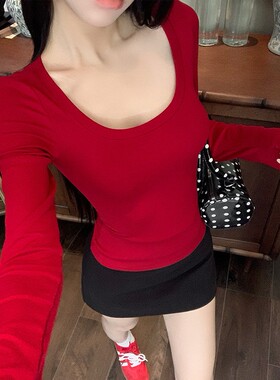用红色开启新的一年！显白个性趣味简约打底衫潮流百搭街头长袖女