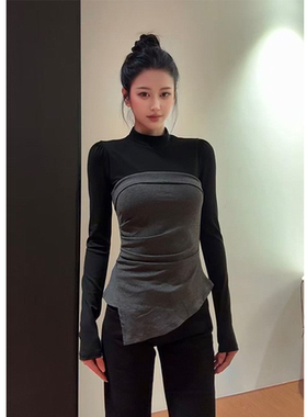 韩系假两件半高领轻奢修身打底衫拼色长袖T恤女春秋新款显瘦上衣