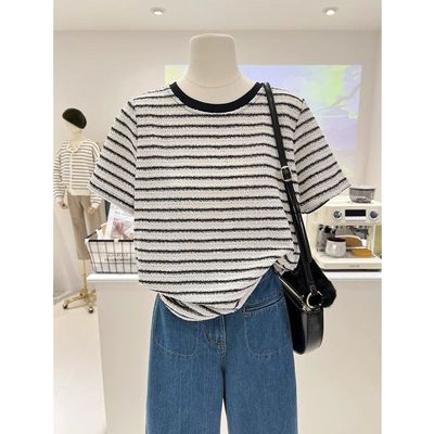 别致圆领简约条纹拼色设计针织衫春夏新款宽松百搭大码短袖T恤女