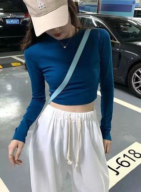 春秋打底衫短款T恤女上衣长袖修身高腰简约别致露脐薄款气质上衣