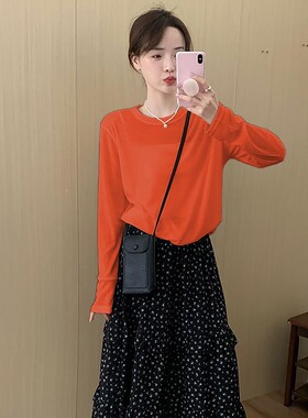 韩版纯色圆领长袖宽松趣味时髦ins防晒T恤罩衫女个性简约百搭上衣