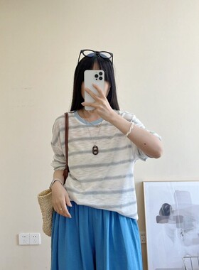 ins宽松撞色条纹防晒罩衫t恤女设计感气质长袖内搭上衣春夏季新款