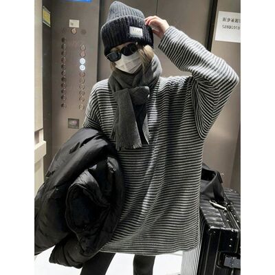 韩系撞色条纹长袖t恤女松弛感宽松中长款小众ins趣味上衣别致甜酷