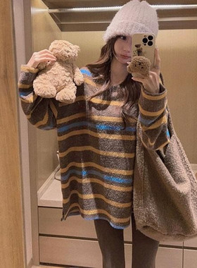 软糯撞色条纹加绒加厚T恤女冬韩系宽松个性打底衫内搭上衣巨舒服