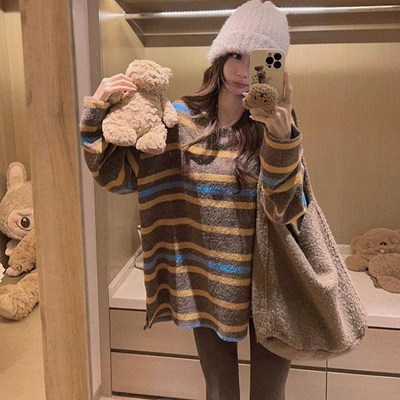 软糯撞色条纹加绒加厚T恤女冬韩系宽松个性打底衫内搭上衣巨舒服