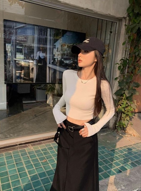 蓝色长袖t恤女短款2025春秋新款个性复古纯棉时尚圆领打底衫上衣