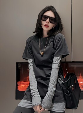 中长款真两件套长袖T恤女春秋2026新款韩版洋气水洗做旧打底衫潮