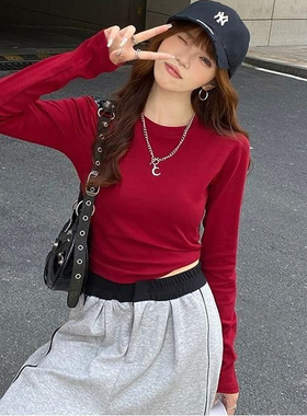 2025秋装新款女装圆领长袖女慵懒感打底衫内搭高腰短款通勤上衣