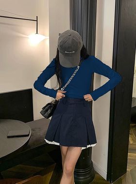 个性基础t恤女春秋新款别致弹力修身减龄上衣圆领纯棉打底衫