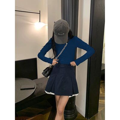 个性基础t恤女春秋新款别致弹力修身减龄上衣圆领纯棉打底衫