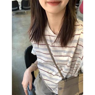 上衣ins减龄个性 韩女慵懒条纹短袖 T恤女夏季 宽松休闲短袖 显嫩 女装