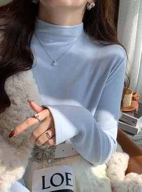 半高领打底衫女秋冬高级感2026新款双面德绒内搭中领蓝色加绒上衣