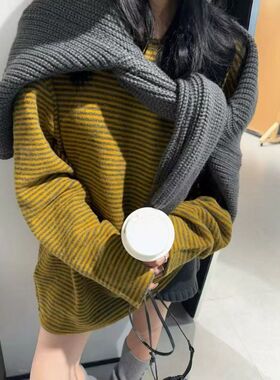 韩系撞色条纹长袖ins慵懒风t恤打底衫气质时髦小众上衣高级小个子