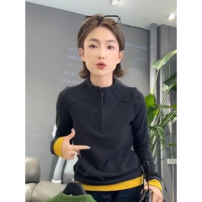 欧货设计感半拉链撞色立领长袖上衣女2026秋季新款时髦百搭打底衫