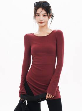 弹力修身瑜伽服健身t恤女春秋季中长款侧边开叉设计感打底衫上衣