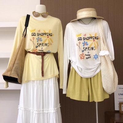 新款韩夏季时尚百搭版宽松显瘦圆领印花防晒字母长袖T恤上衣韩版