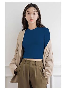高腰短款长袖t恤女2025秋季圆领修身内搭辣妹个性打底衫别致上衣