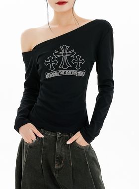 美式辣妹小众烫钻斜肩露肩长袖t恤春秋季修身短款时髦打底衫上衣