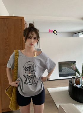 狗猫咪印花短袖夏季新款宽松休闲露肩减龄设计感复古显瘦T恤女ins