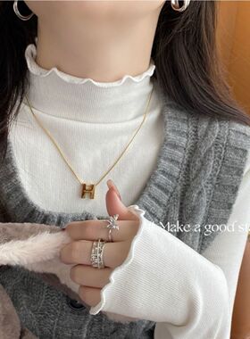 轻奢时尚潮流木耳边小众气质半高领打底时髦百搭T恤衫显瘦ins个性