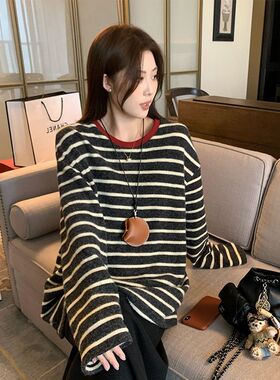 韩系复古磨毛撞色条纹长袖t恤女2026冬季新款小众ins趣味上衣百搭