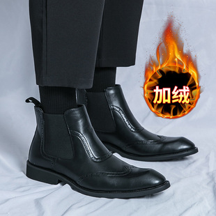 加绒高帮皮鞋 新款 跨境大码 男士 男式 马丁靴套脚鞋 皮靴冬季