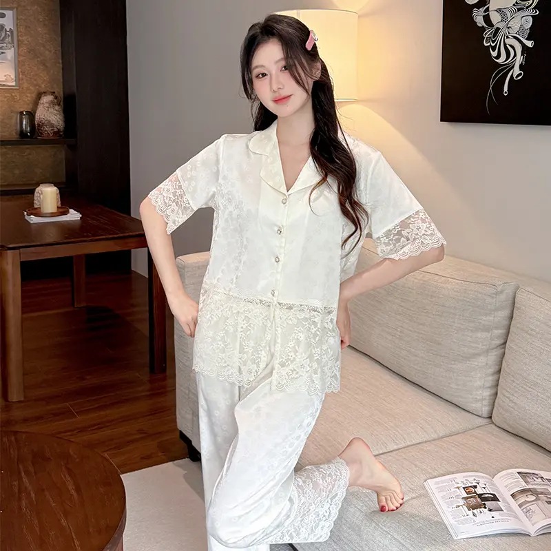 睡衣女款冰丝短袖长裤2026新性感蕾丝宫廷风网红款夏季法式家居服