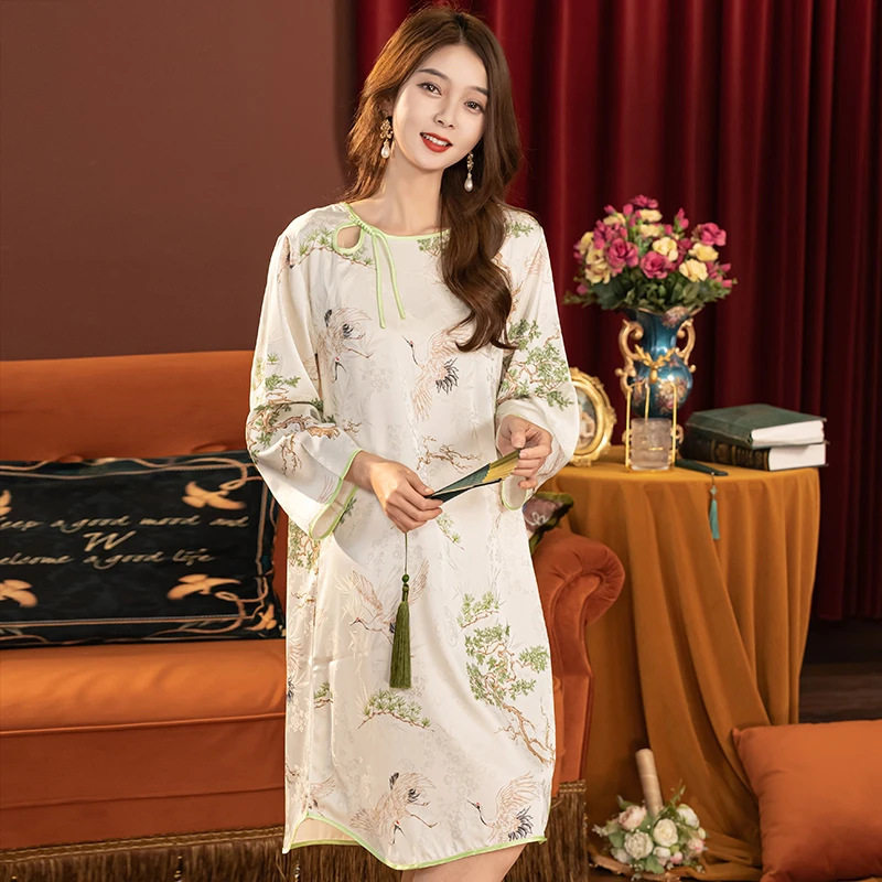 达芬奇密新中式国风睡裙女古典雅美睡衣裙夏季薄款圆领家居服送礼