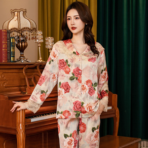 达芬奇密码【巴黎往事】睡衣女冰丝绸缎复古碎花蕾丝气质性感睡裙