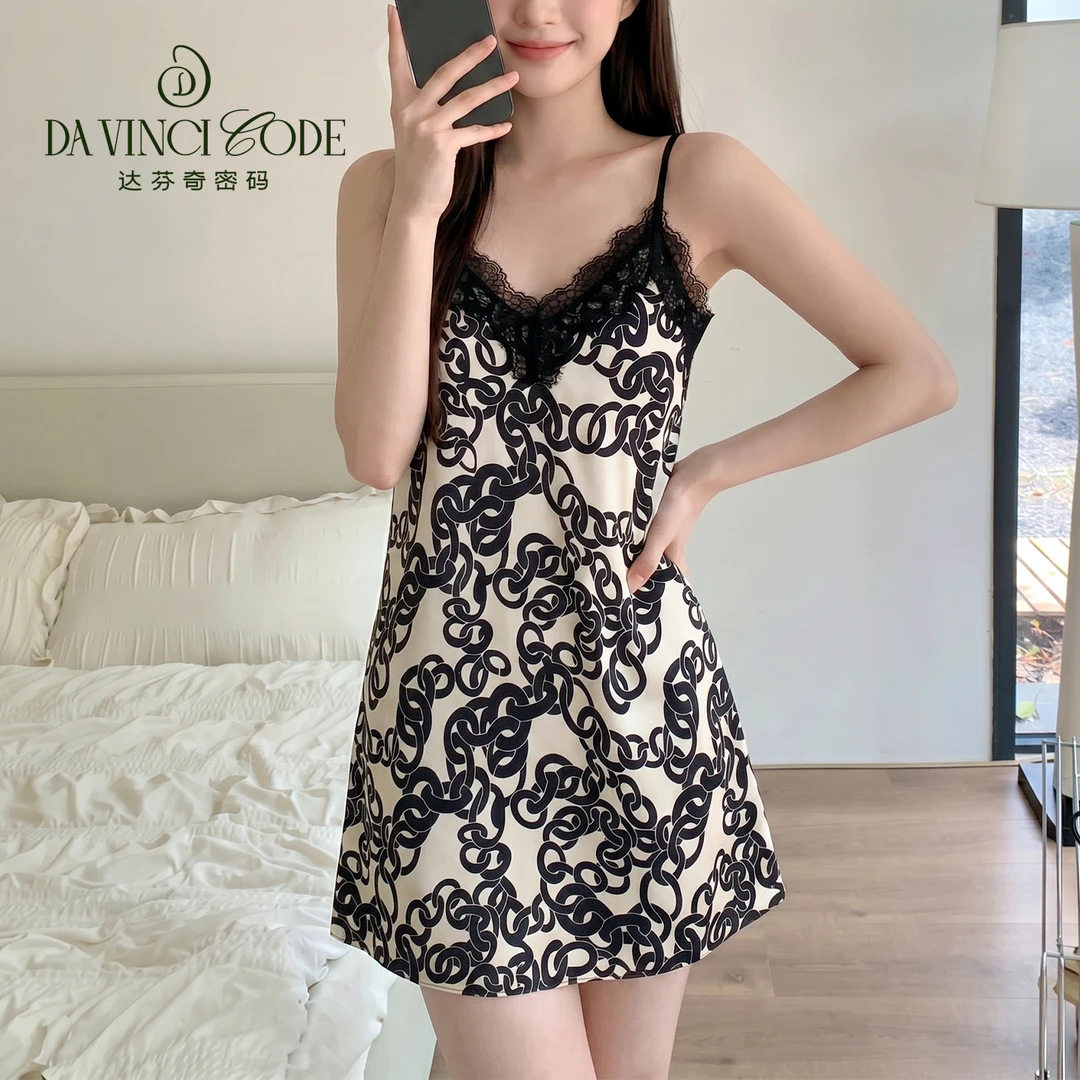 达芬奇夏季新款性感吊带睡裙圈圈物语带胸垫女气质蕾丝睡裙家居服